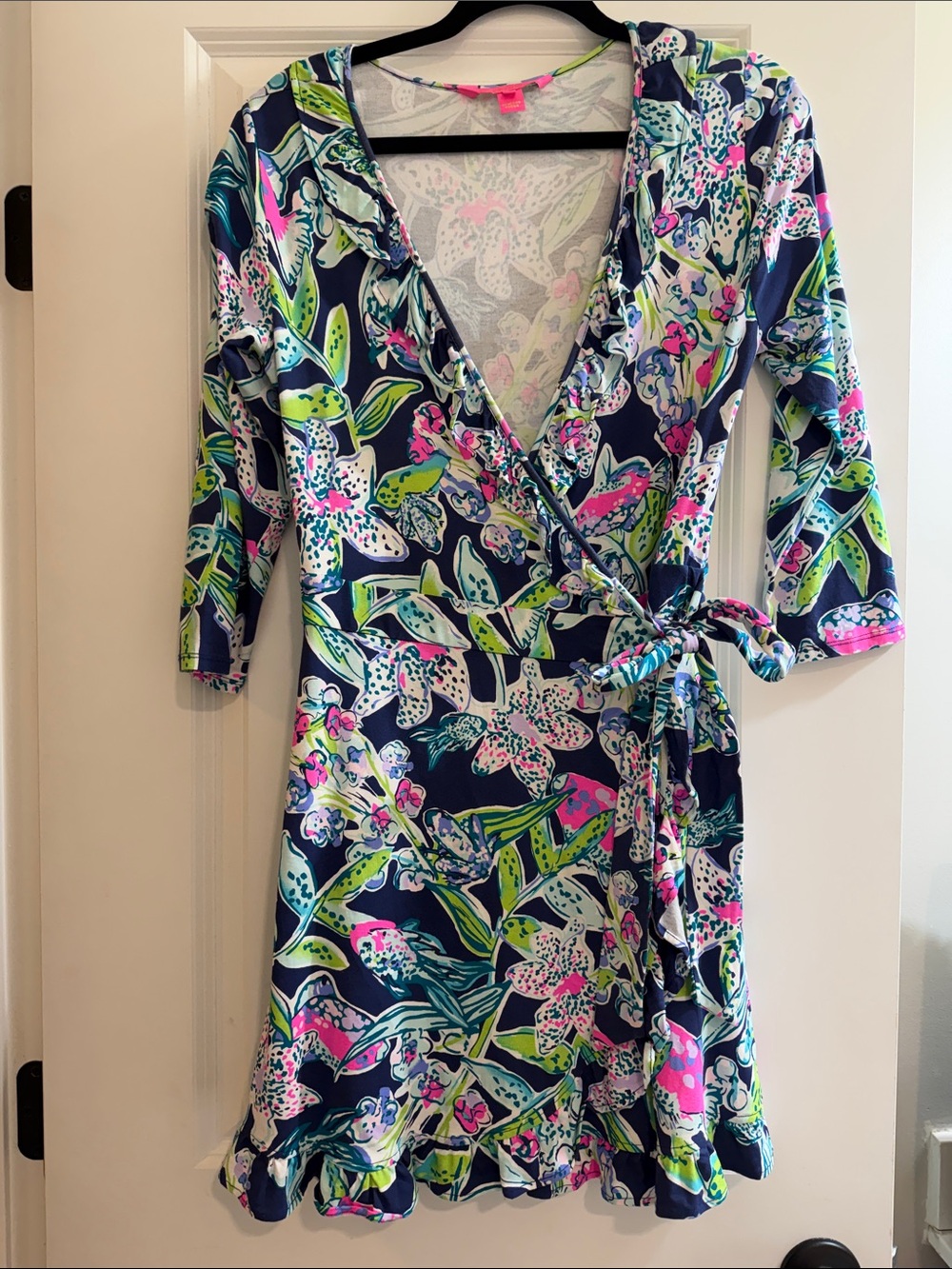 Lilly Pulitzer Navy Floral Wrap Hidden Romper Dress in Vibrant Pattern
